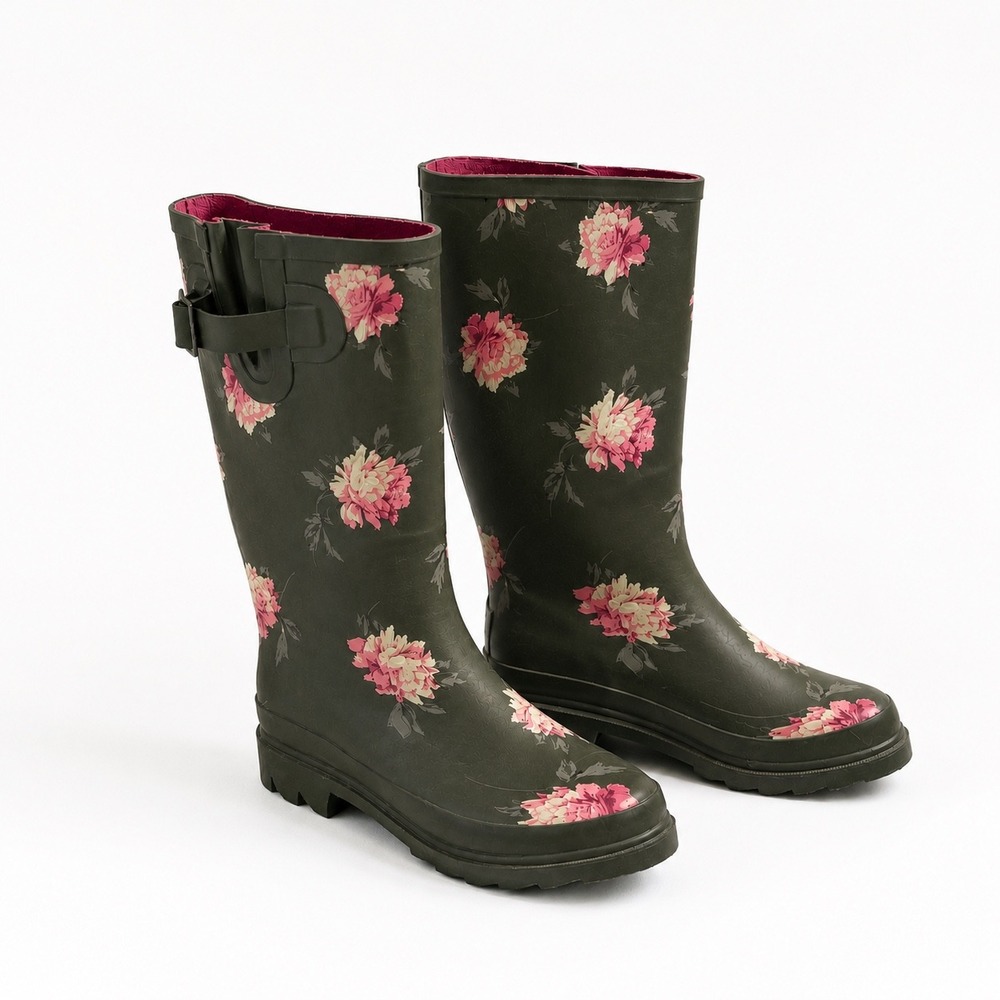 Austin Trading Co Floral Rubber Rain Boots 6 Dark Green/BLK Pink Mid Calf Buckle